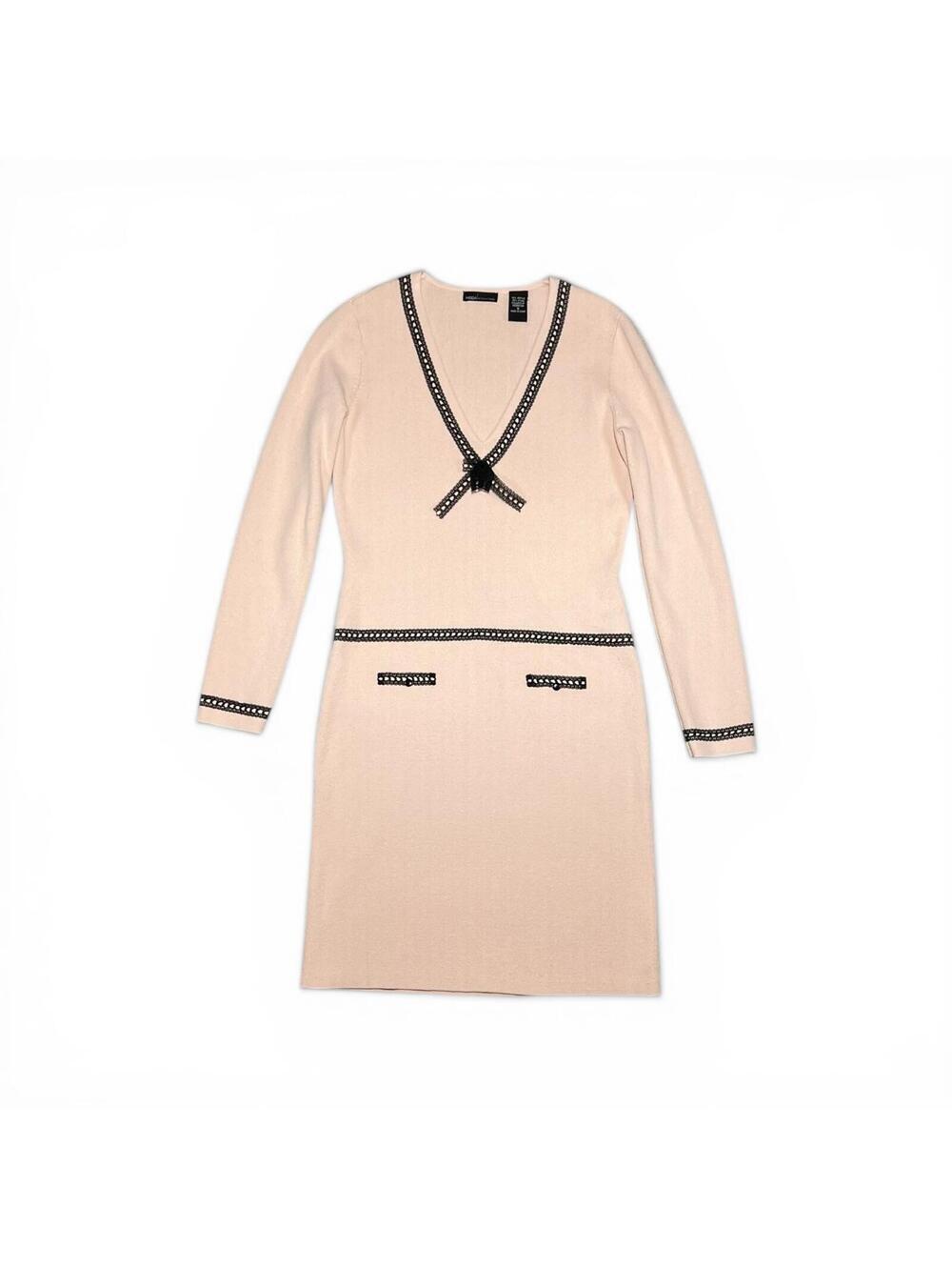 Y2K Light Pink Coquette Knit Dress with Black Trim and Bow Detail